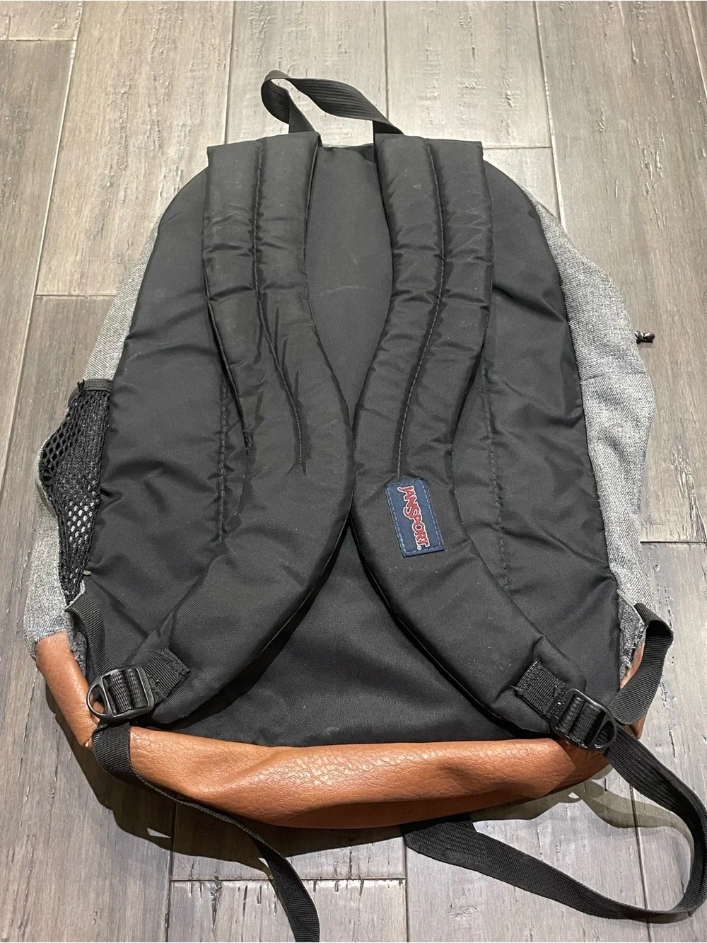 JanSport Gray Backpack Faux Leather Bottom Laptop School Travel Book Bag EUC